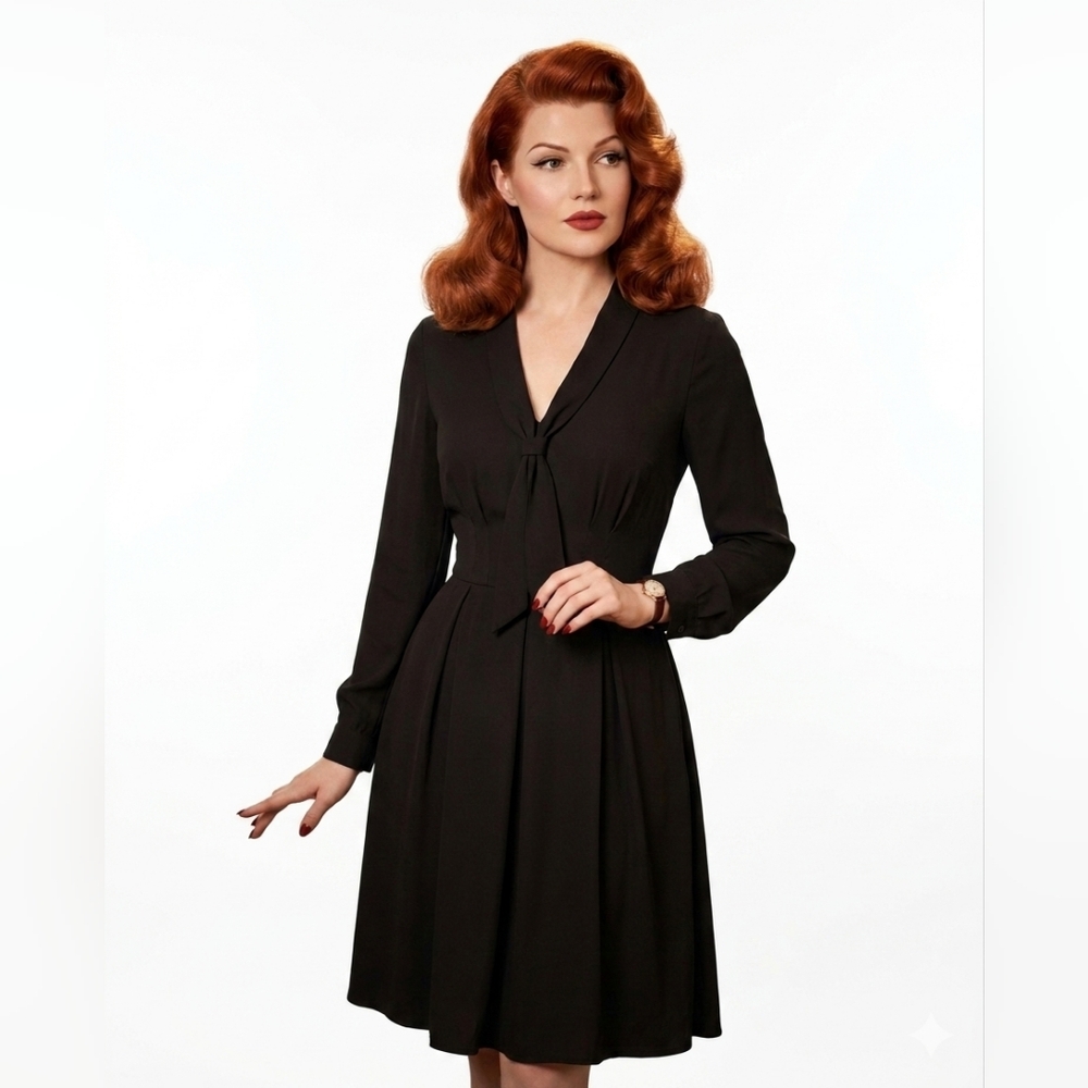 US10 Modcloth Pleasant Confidence Tie Neck Dress Retro Black